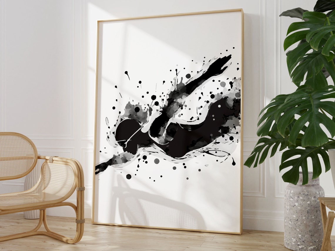 Swimmer Diving Ink Splash Monochrome Abstract Sports Wall Art - Image 2