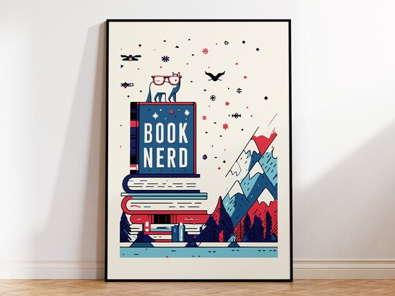 Book Nerd Cat on Books Colorful Mountain Adventure Reading Room Poster