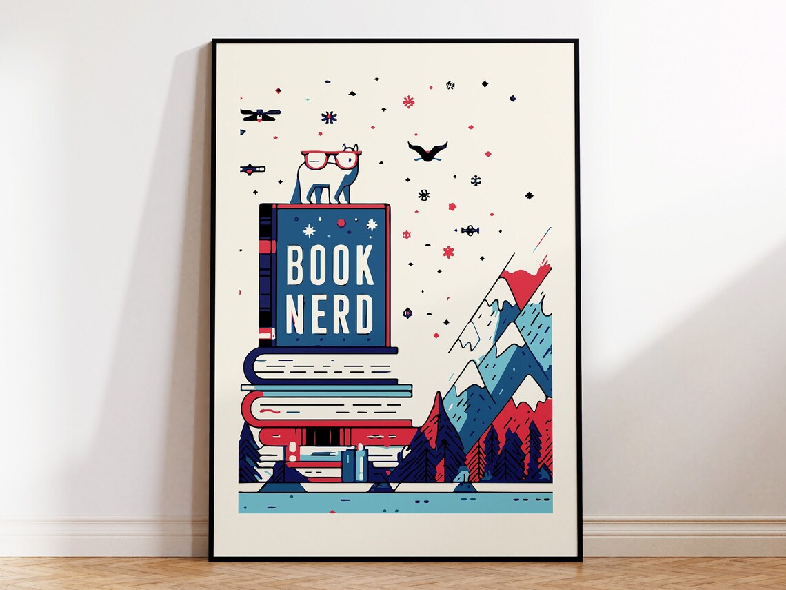 Book Nerd Cat on Books Colorful Mountain Adventure Reading Room Poster