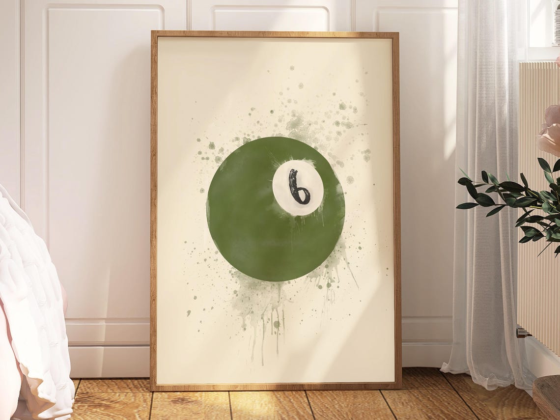 Green 6 Pool Ball Watercolor Splash Retro Billiards Decor Print
