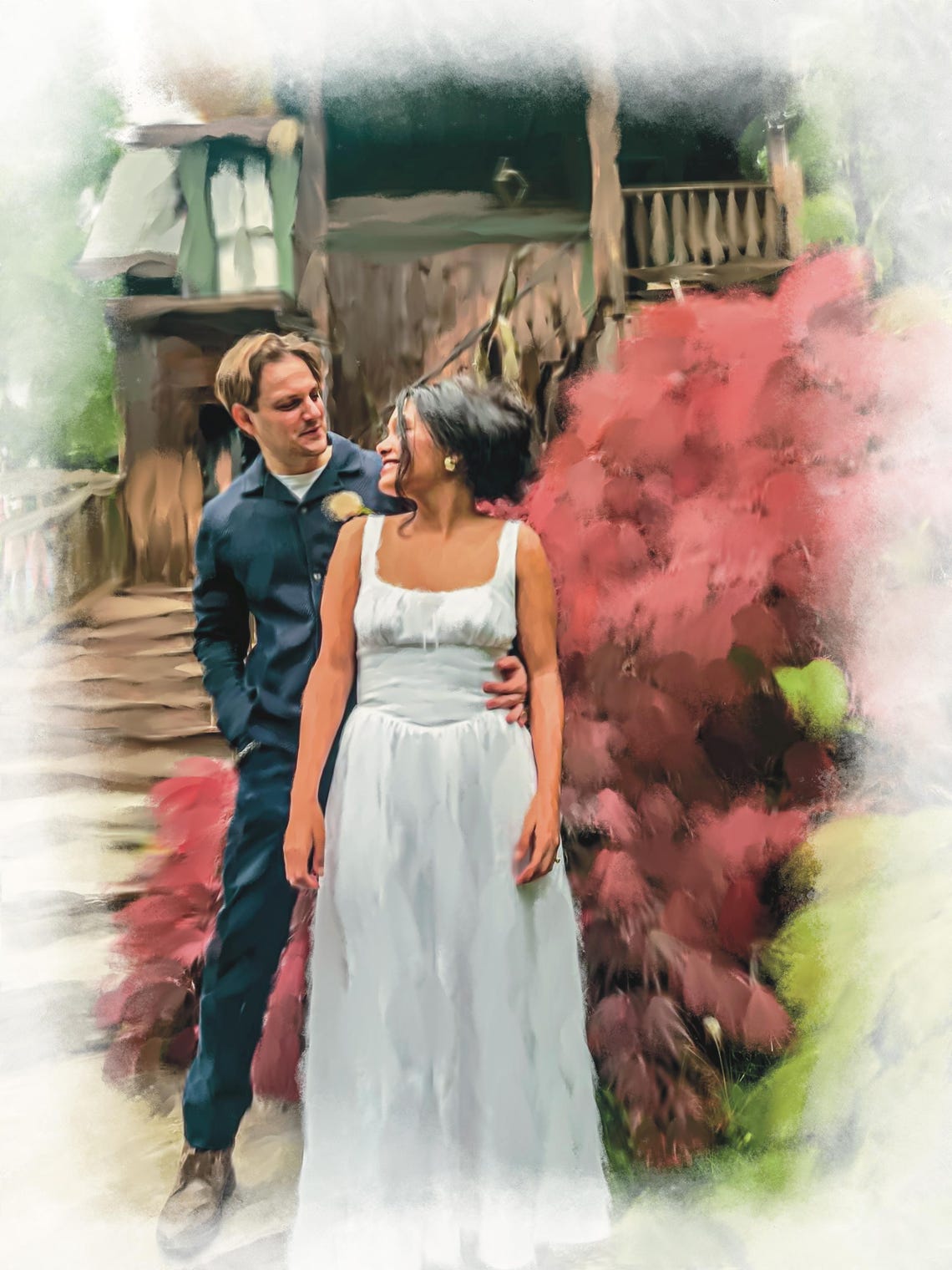 Bride and Groom Portrait Beside a Rustic Woodland Cabin Poster