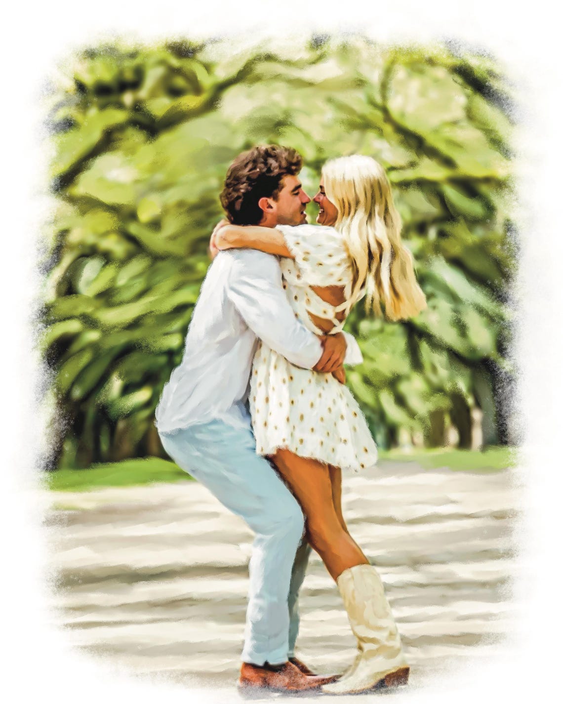 Custom Oil Style Painting Couple Embrace Tree Lined Path Gift Poster