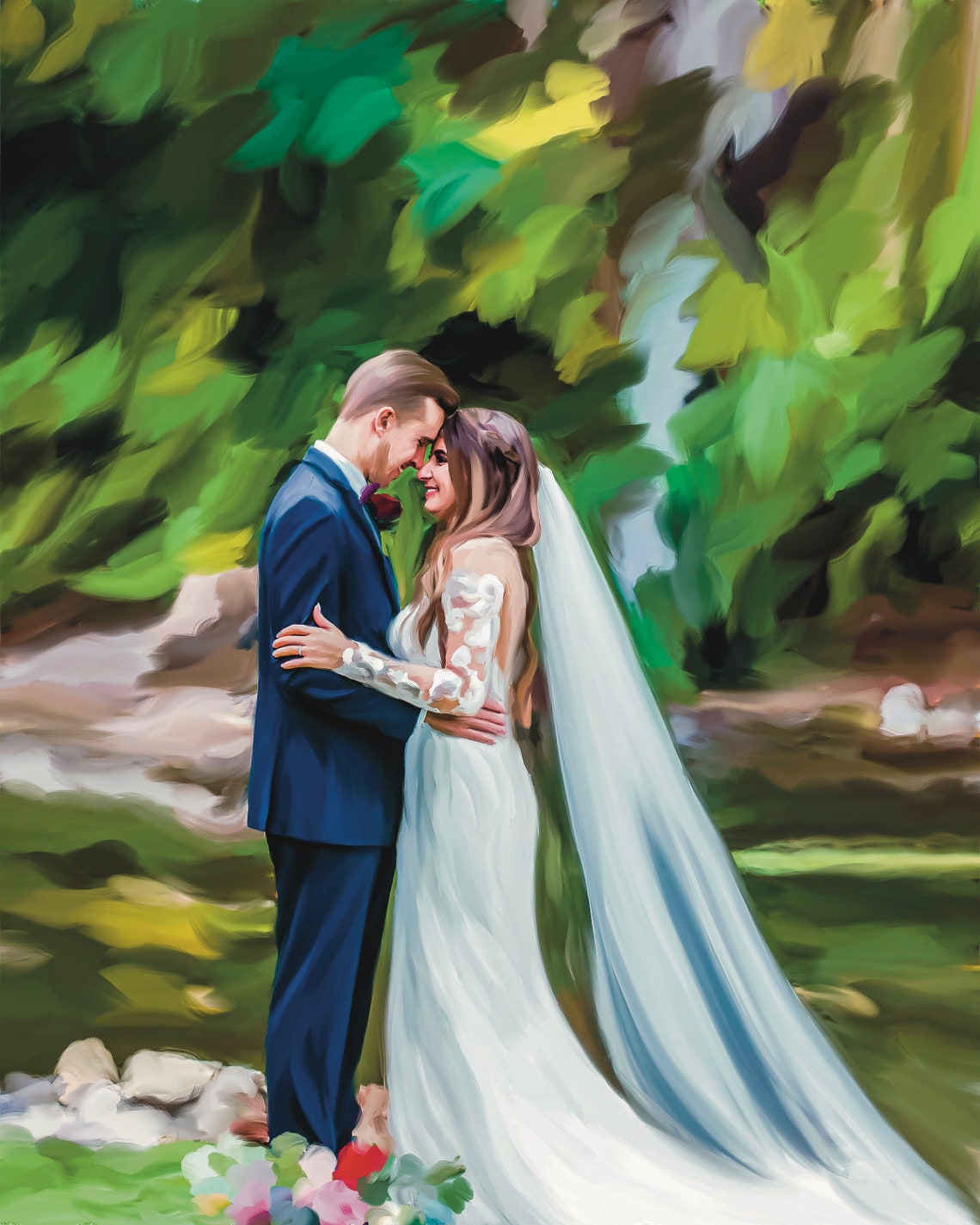 Bride and Groom Forehead to Forehead in a Green Forest Poster
