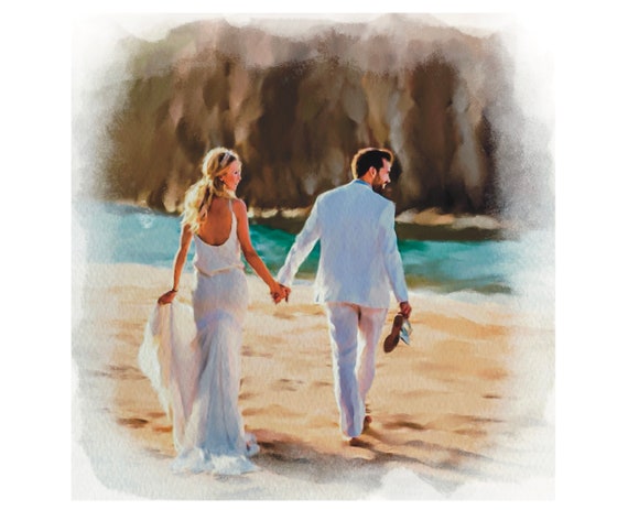 Custom Watercolor Painting Beach Wedding Couple Ocean Walk Gift Poster