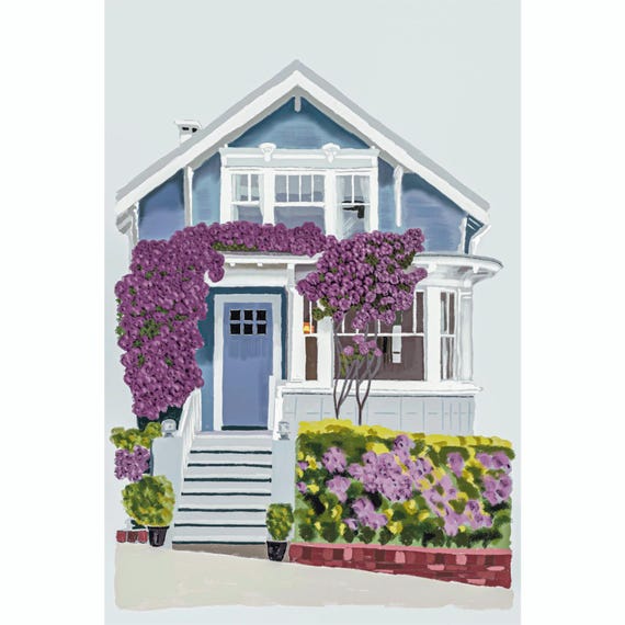 Custom Watercolor Painting of a Blue House With Purple Flowers Poster