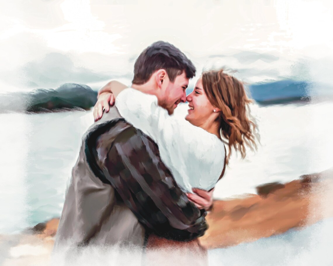Custom Watercolor Couple Portrait With a Golden Retriever Puppy Poster - Image 2