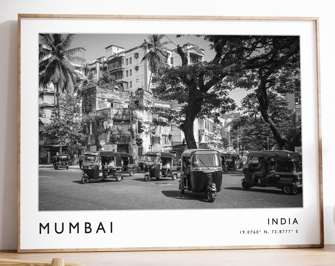 Mumbai India Black and White Street Auto Rickshaws Coordinates Print