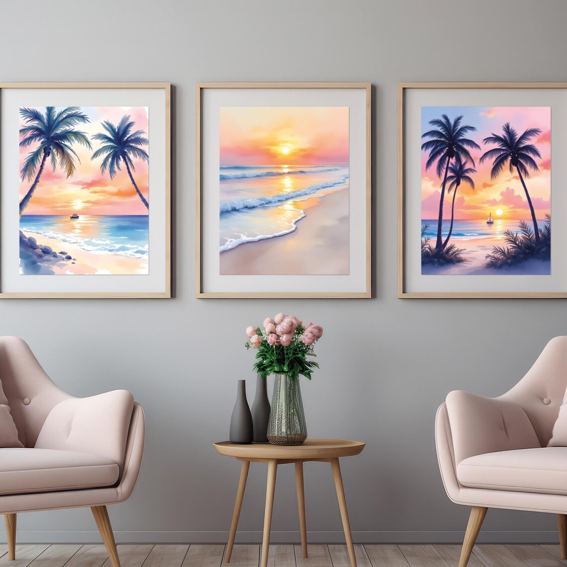 Tropical Sunset Palm Trees, Serene Beach Art Print