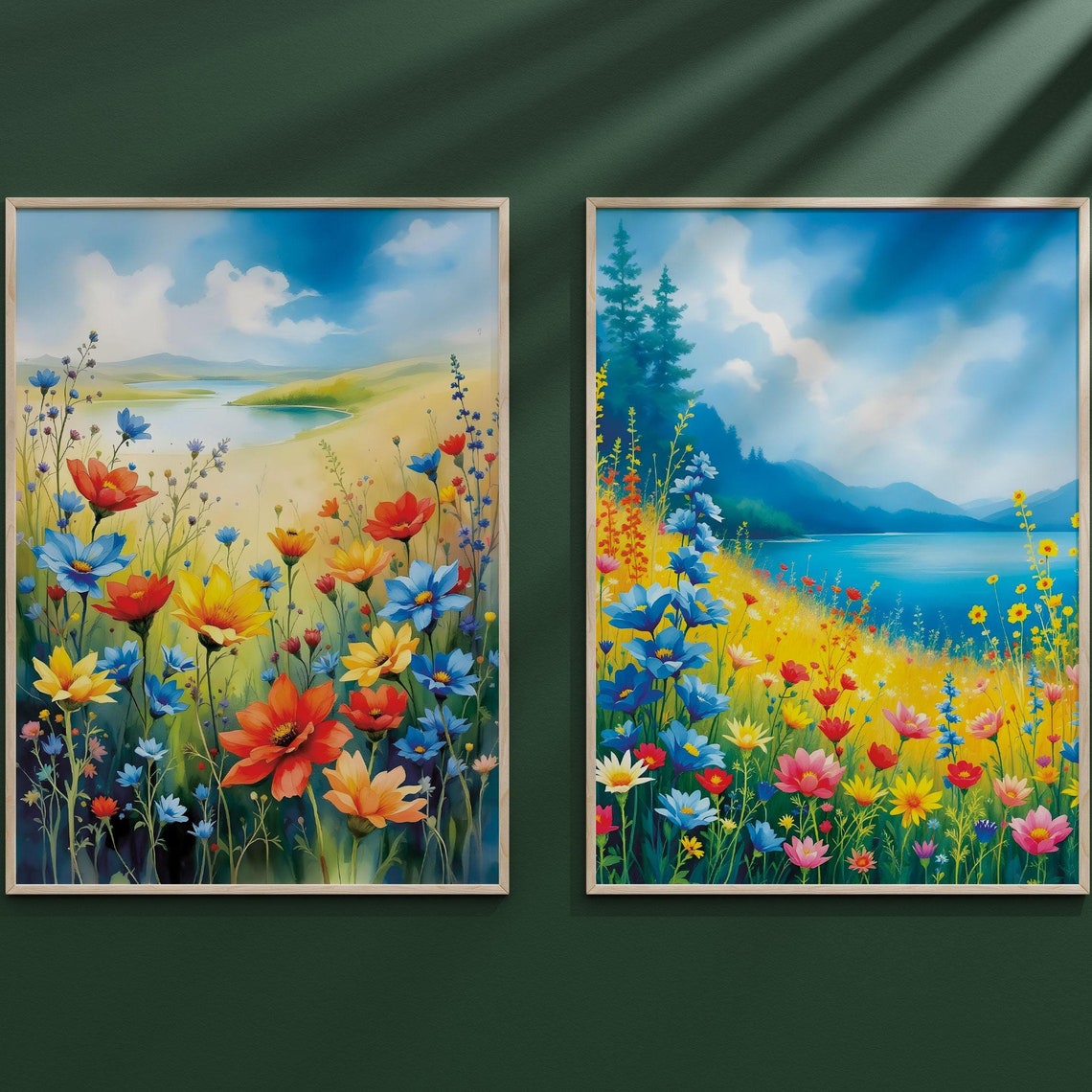 Wildflower Meadow Lake Watercolor Art Print Set Floral Landscape - Image 5