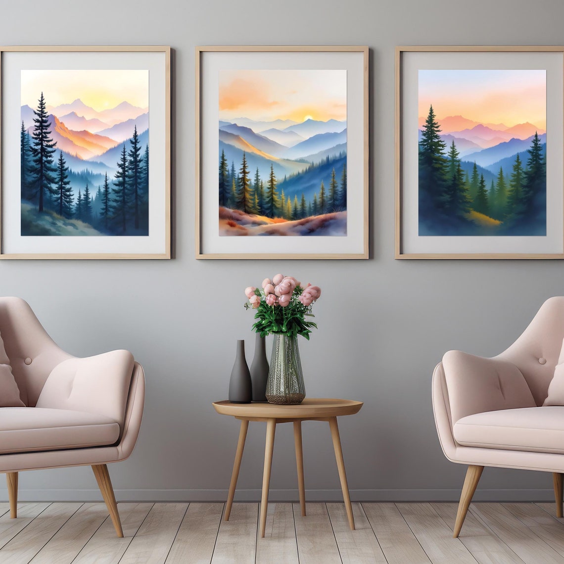 Misty Mountain Forest Enchanted Pines Crimson Sky Wall Art Gift Portrait
