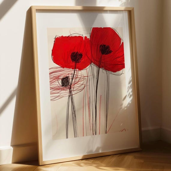 Abstract Poppy Flowers Modern Floral Wall Art Bold Red Botanical Print