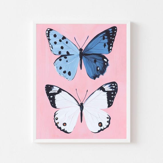 Pink And Blue Butterfly Wall Art Print Two Pastel Butterflies Painting Animal Watercolor Girls Room Insect