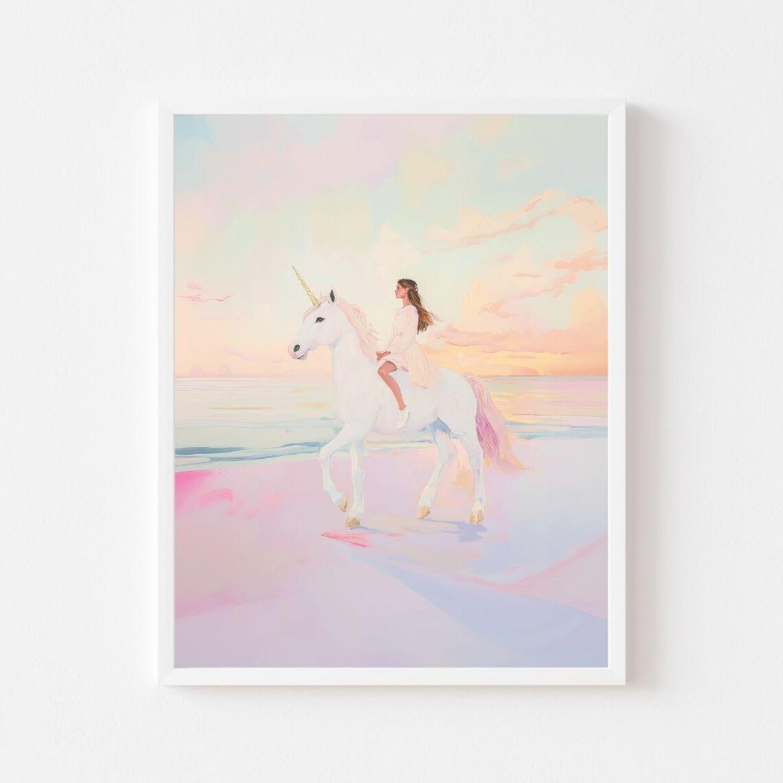 Girl Riding Unicorn, Whimsical Pastel Fantasy Art Print