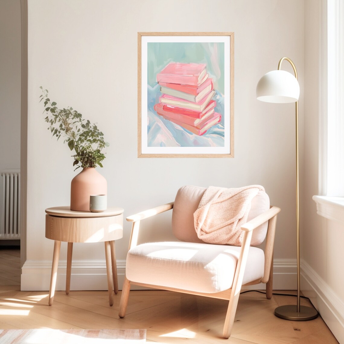 Pink Book Stack Painting, Pastel Reading Nook Art Print - Image 2