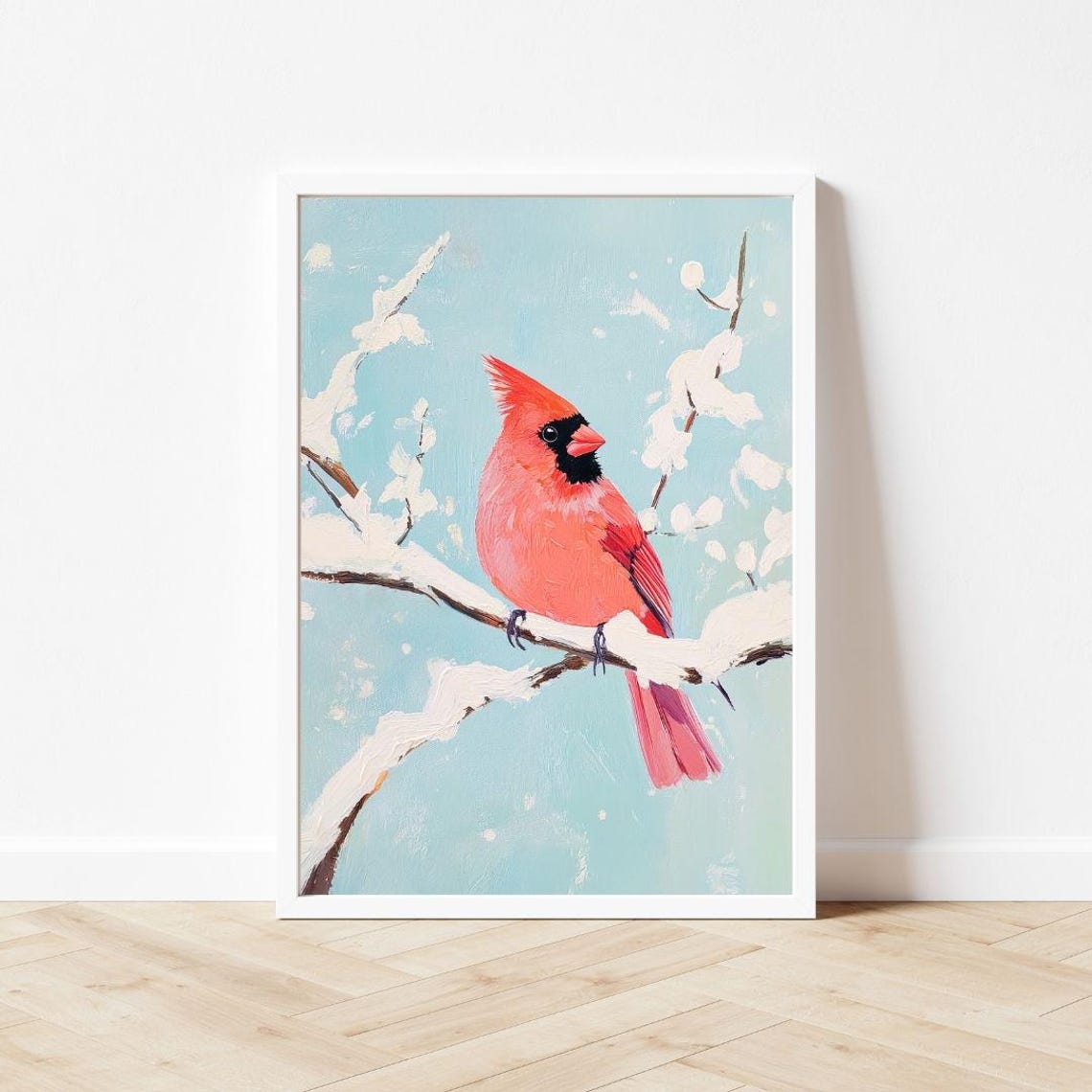 Red Cardinal Bird Perched On A Snowy Winter Branch Art Poster - Image 3