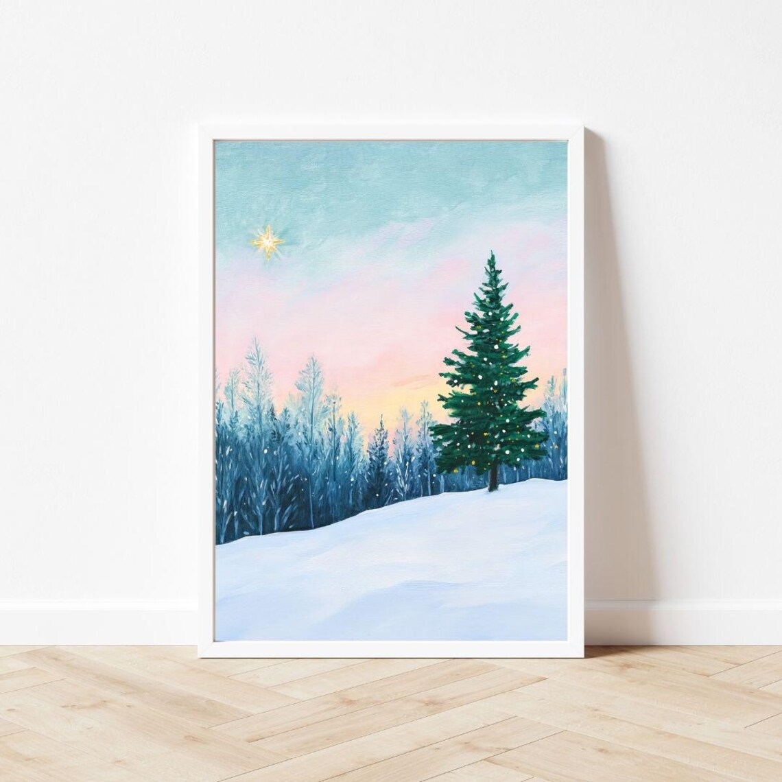 North Star Christmas Tree, Pastel Winter Sunrise Art Print - Image 3