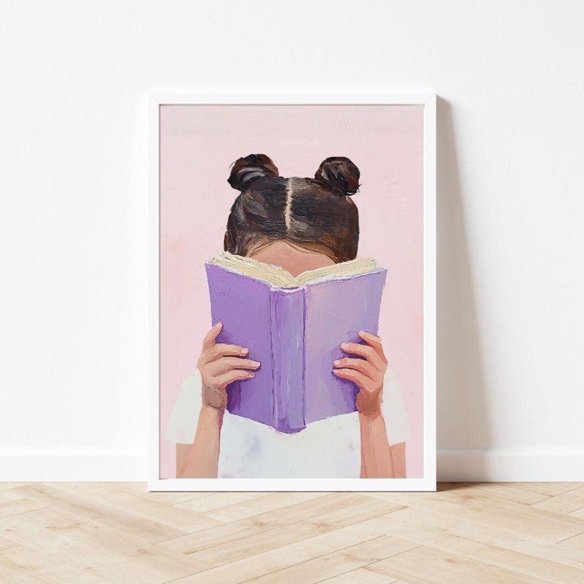 Brunette Girl Reading Purple Book, Pastel Art Print - Image 3