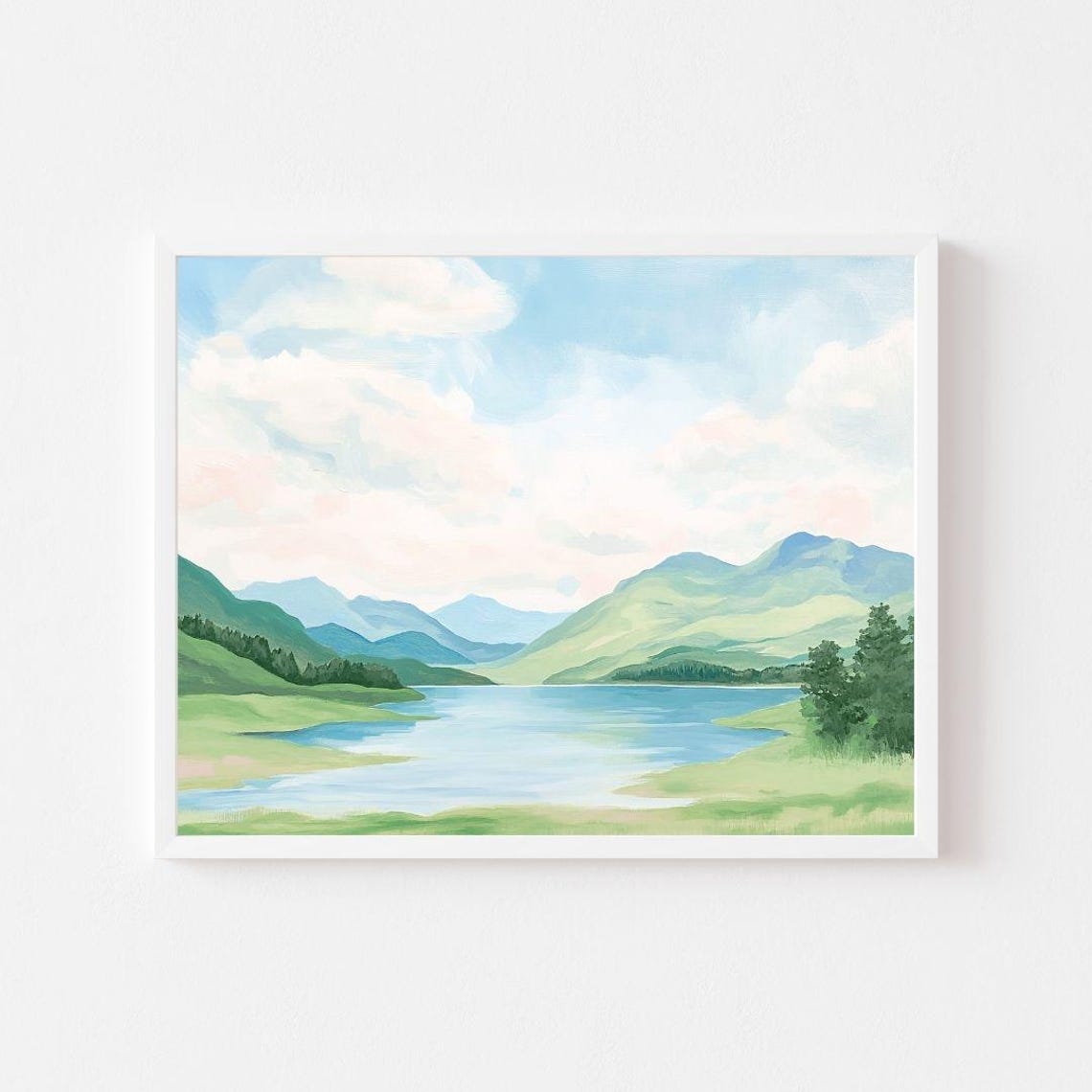 Green Mountain Lake Under Soft Clouds Pastel Landscape Poster