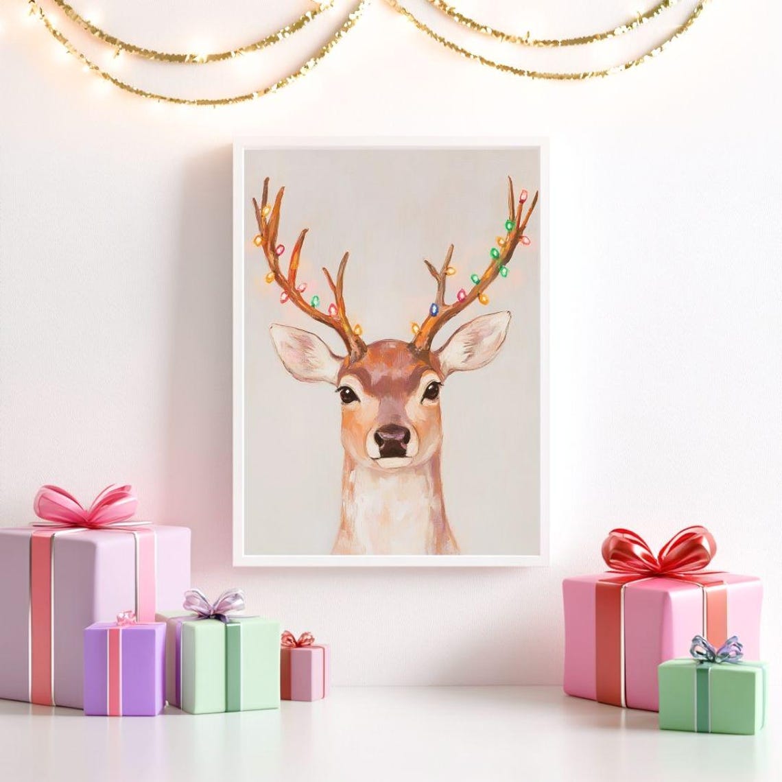 Deer Portrait With Christmas Lights Tangled in Antlers Poster - Image 2