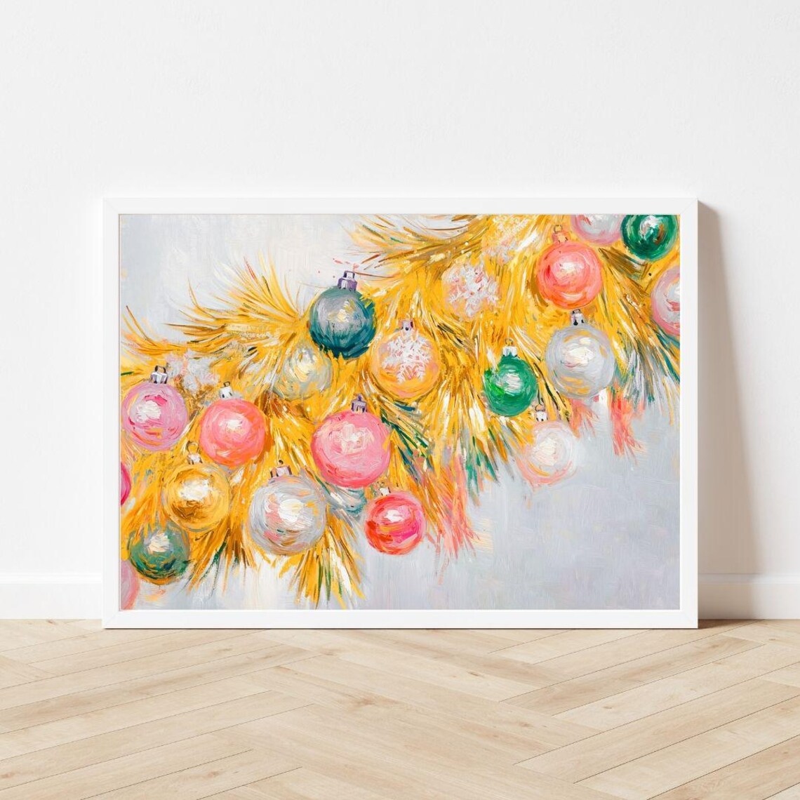 Gold Tinsel Christmas Garland With Retro Colorful Ornaments Poster - Image 3