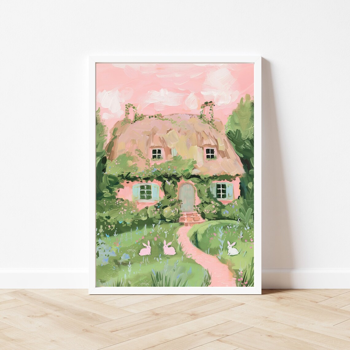 Pink Easter Cottage Bunny Rabbit Art Print - Image 2