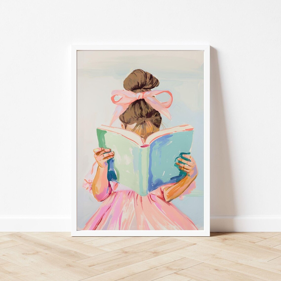 Little Brunette Girl Reading, Pastel Book Nook Print - Image 3