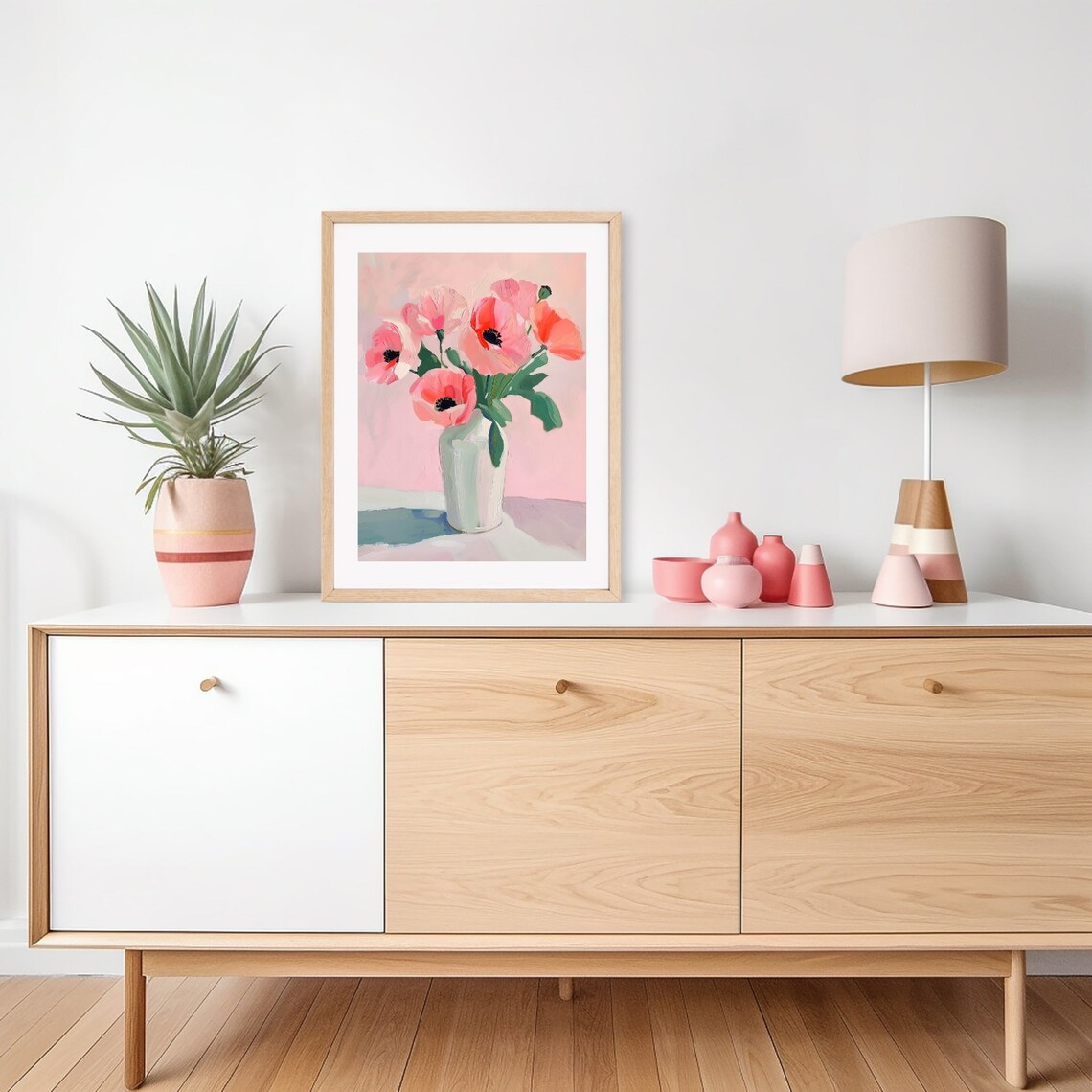 Pink Poppy Bouquet in White Vase Bold Floral Painting Poster - Image 2