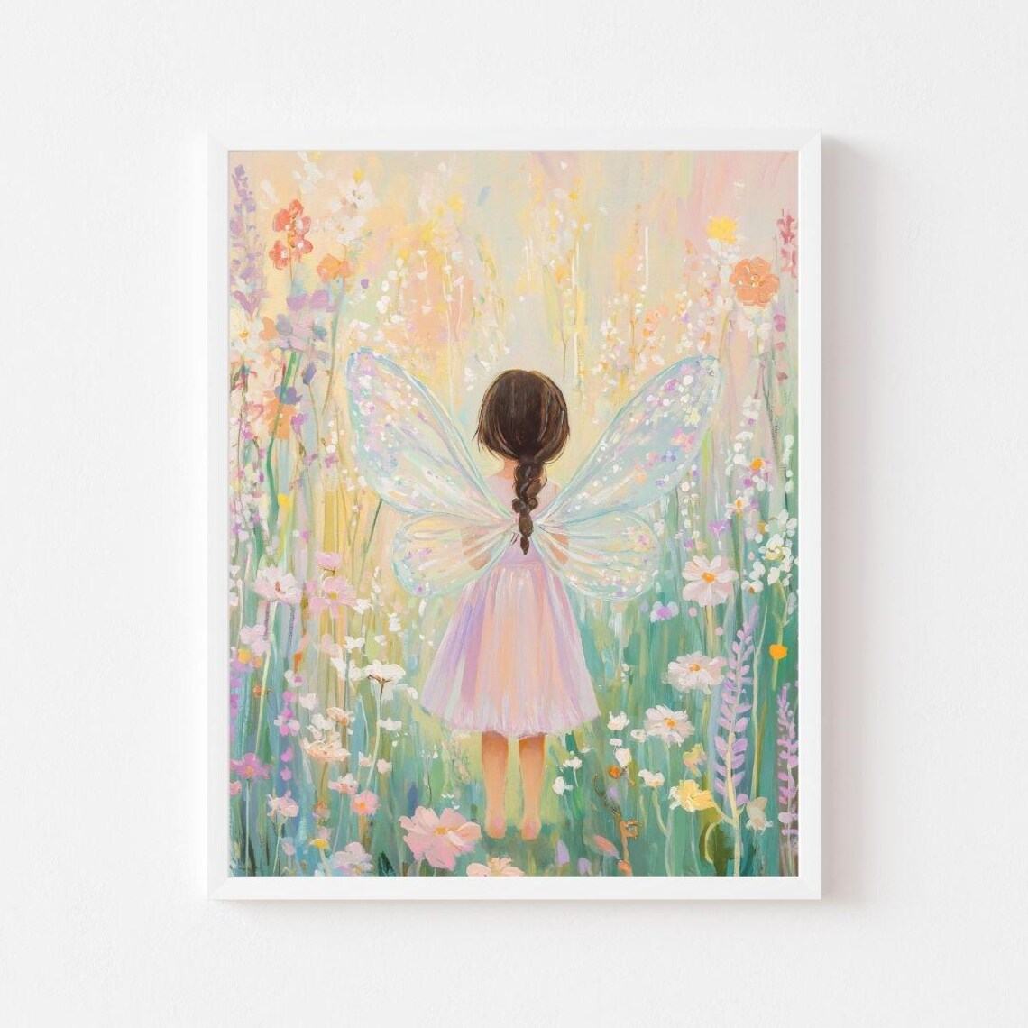 Brunette Fairy In A Garden Art Print, Whimsical Nursery