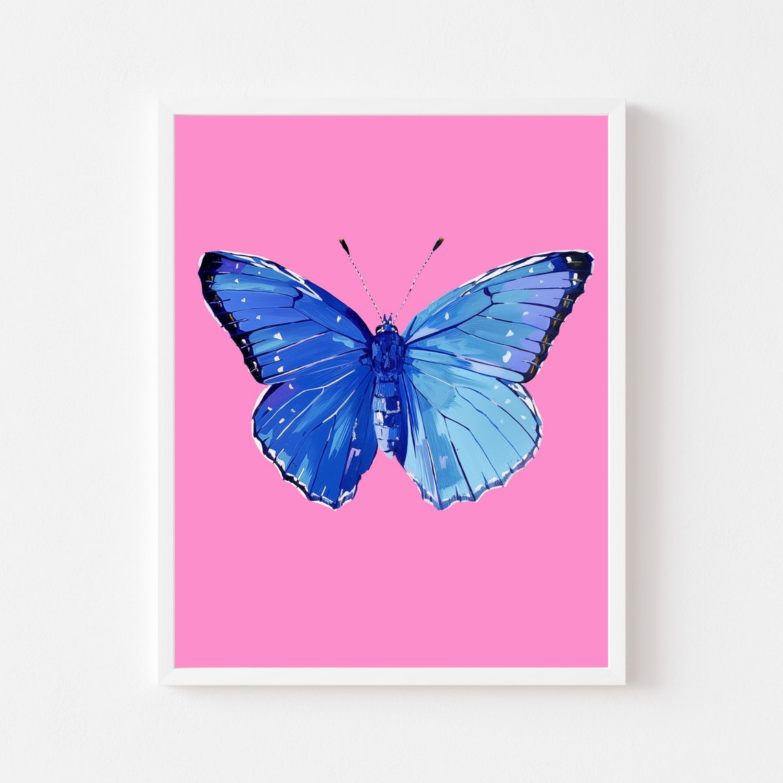 Vivid Blue Butterfly on Hot Pink Background Pop Art Style Poster