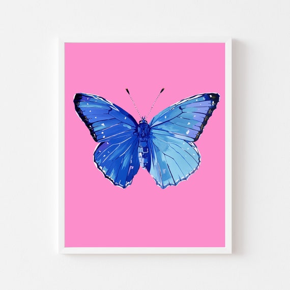 Blue Butterfly Painting Colorful Animal Wall Art Print Trendy Girly Pink Whimsical Kids Room Playroom