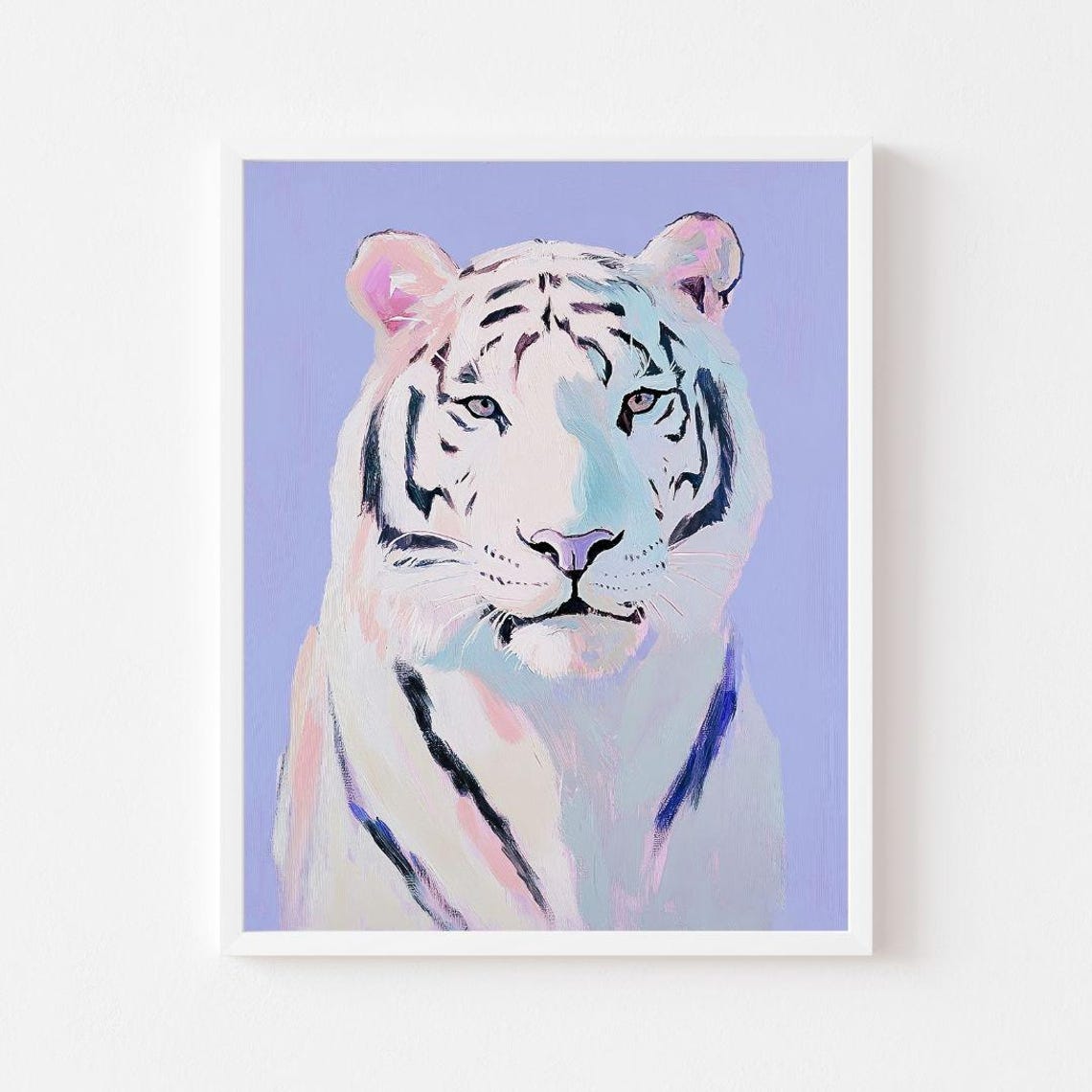 White Tiger Portrait On A Lavender Background Painting Poster