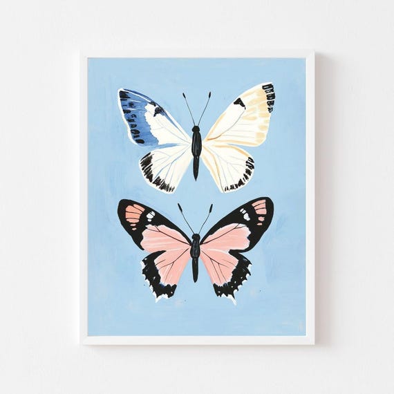 Blue And Pink Butterfly Wall Art Print Two Pastel Butterflies Painting Animal Watercolor Girls Room Insect