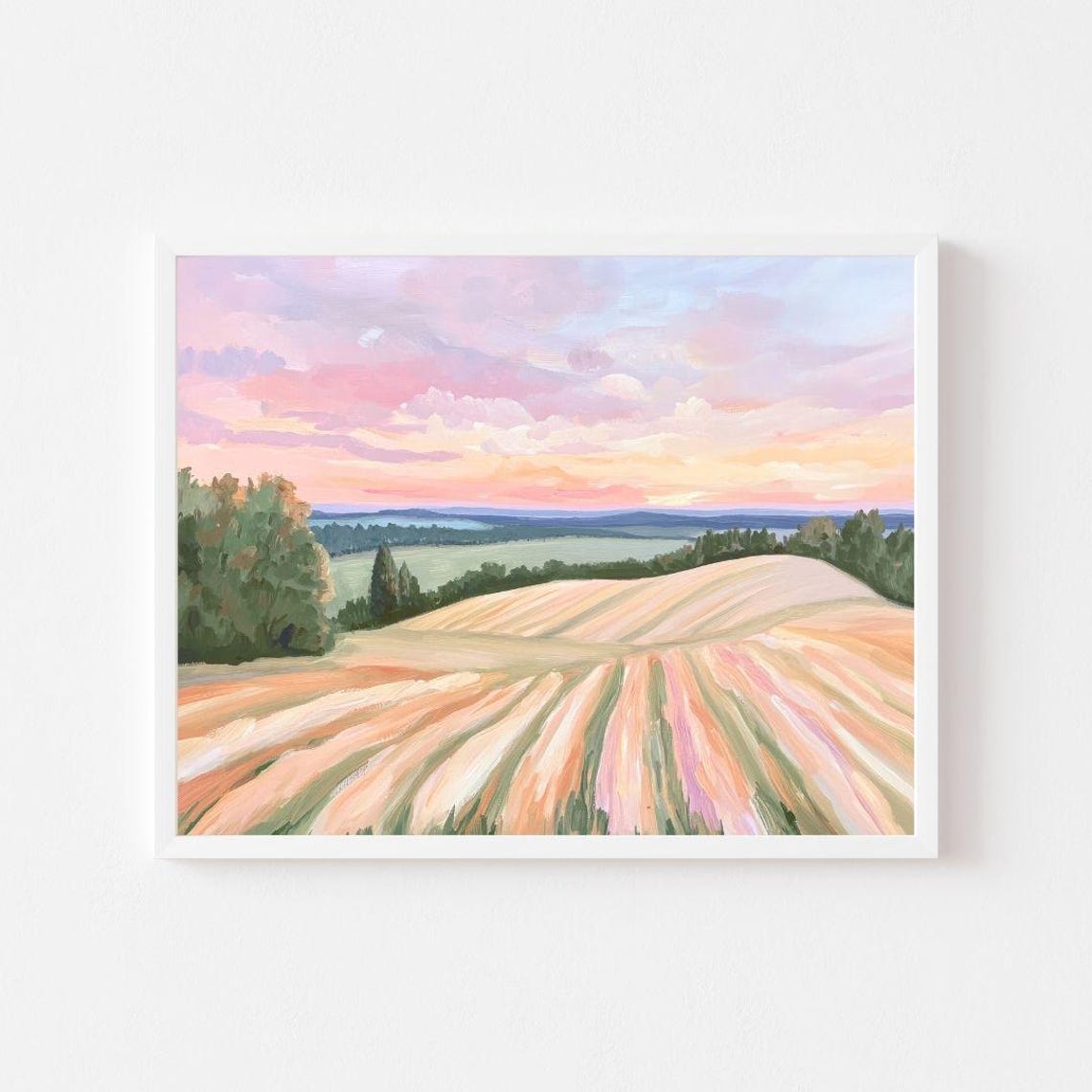 Colorful Farmland Landscape Painting Pastel Country Scenery Wall Art Print Sunset Hills Spring Summer Field