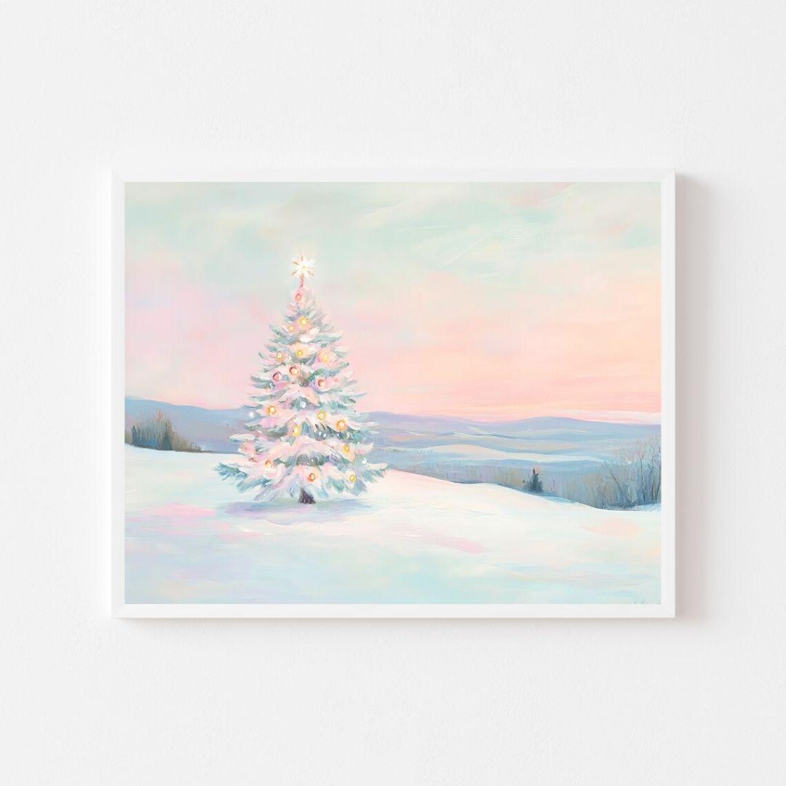 Christmas Tree Landscape Art Print, Pastel Winter