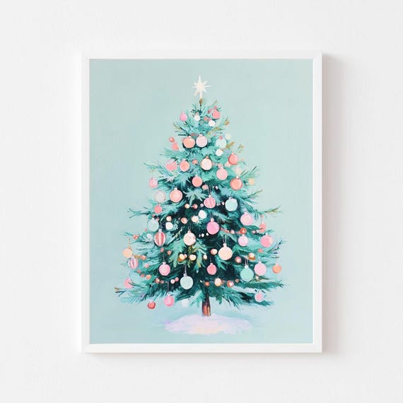 Retro Pastel Christmas Tree Art Print, Vintage Holiday