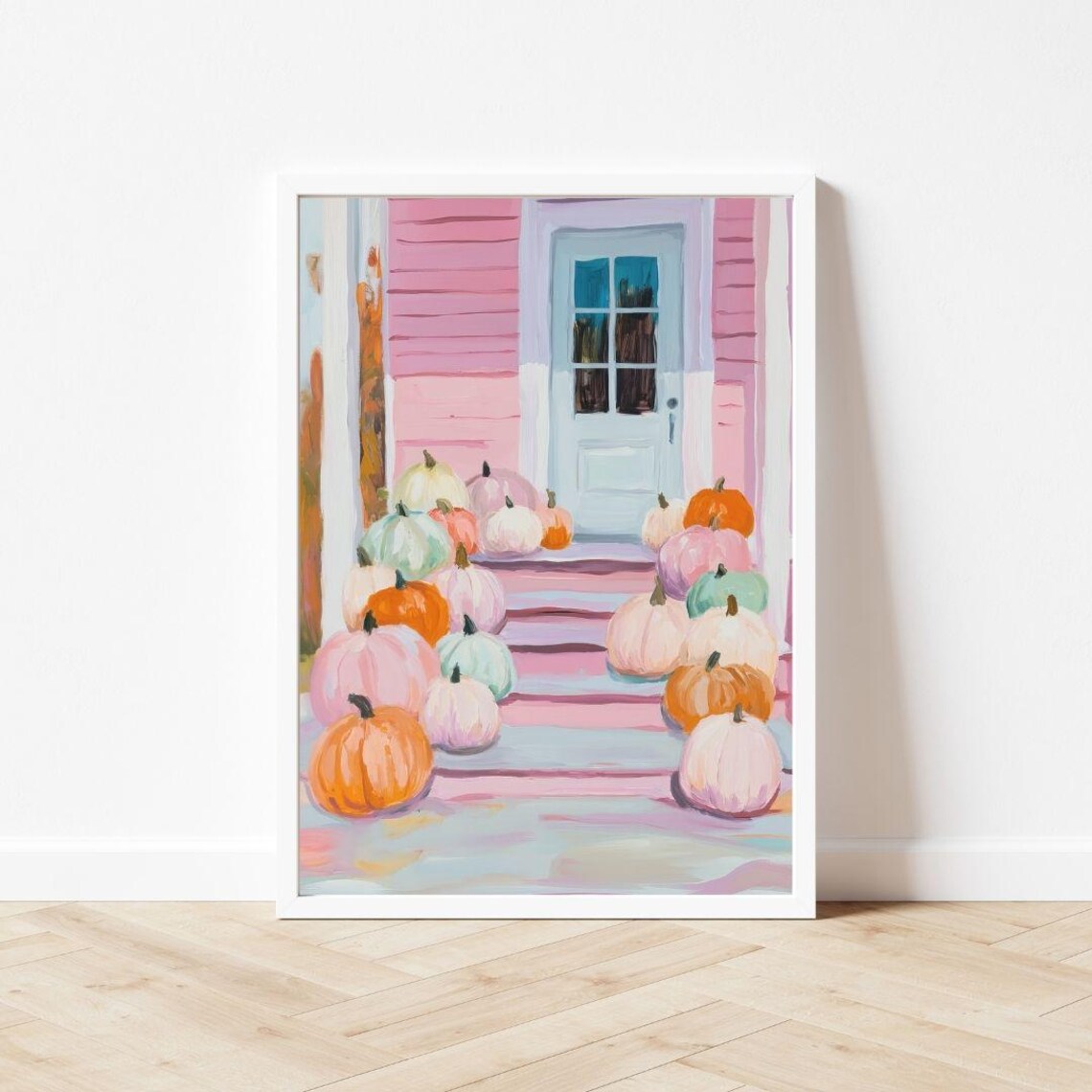 Pink House Porch Pumpkins Autumn Steps Colorful Fall Harvest Poster - Image 3