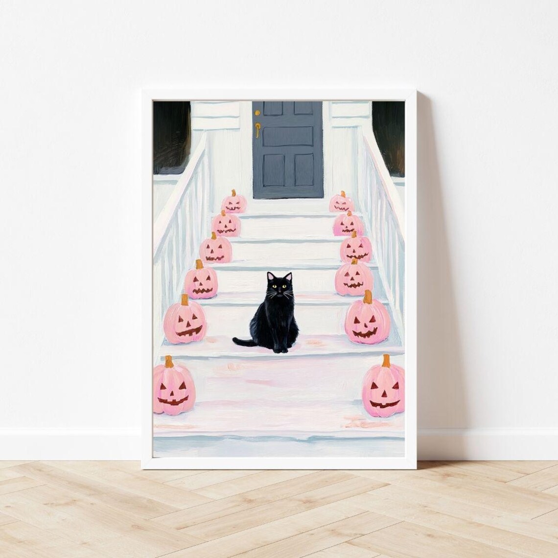 Black Cat And Pink Jack-O'-Lanterns Halloween Art Print - Image 3