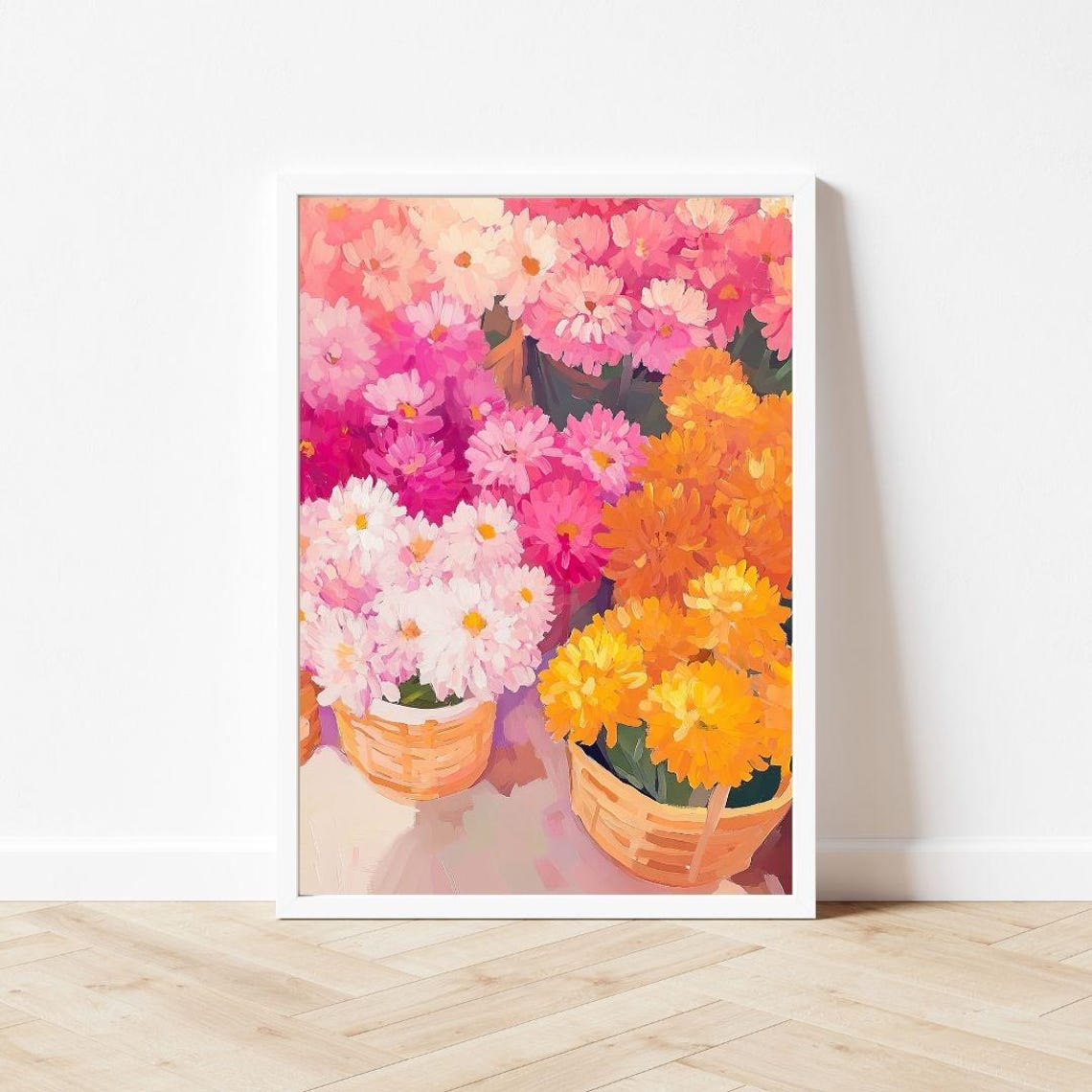 Colorful Mums Baskets Pink Orange Autumn Flower Market Floral Poster - Image 3