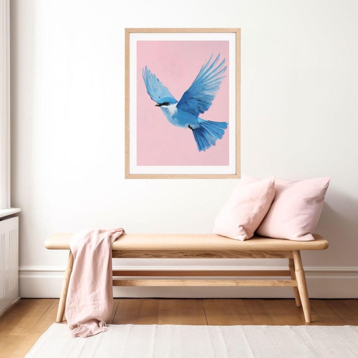 Pink Pastel Bluebird Flying Spring Animal Art Print - Image 2