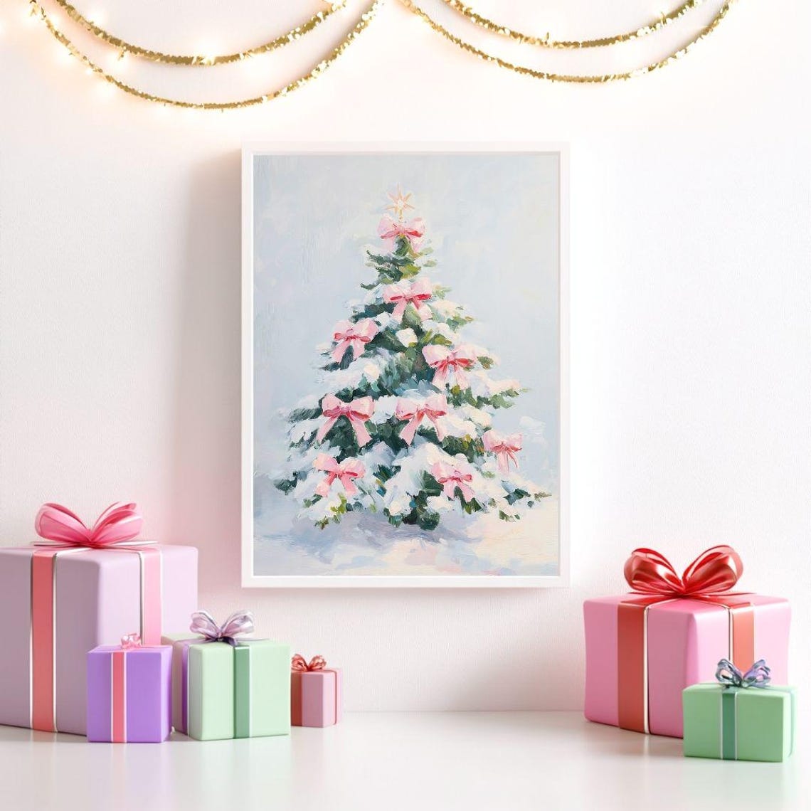 Snowy Christmas Tree With Pretty Pink Bows Holiday Modern Poster - Image 2