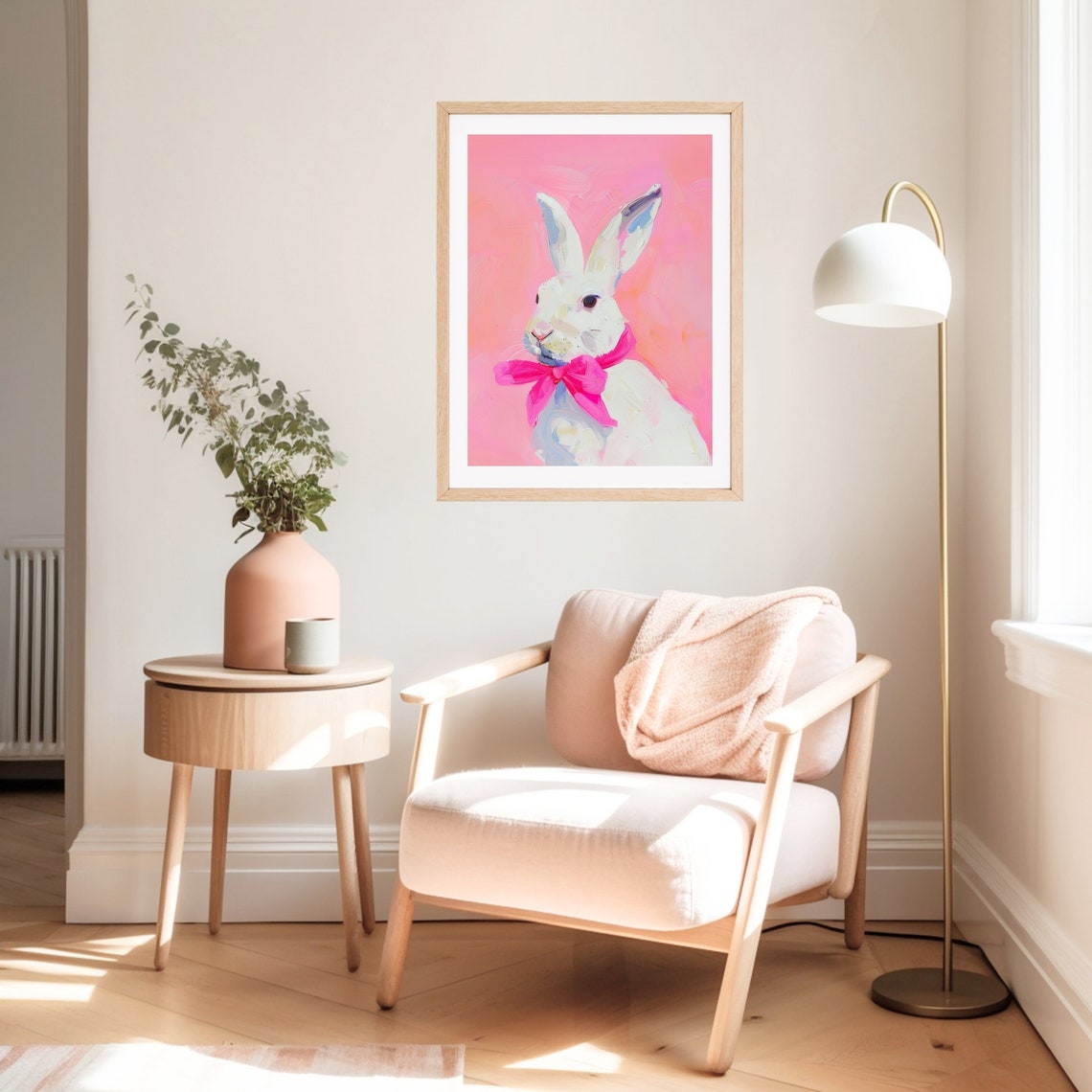 White Bunny with Hot Pink Bow Girly Easter Spring Nursery Poster - Image 2