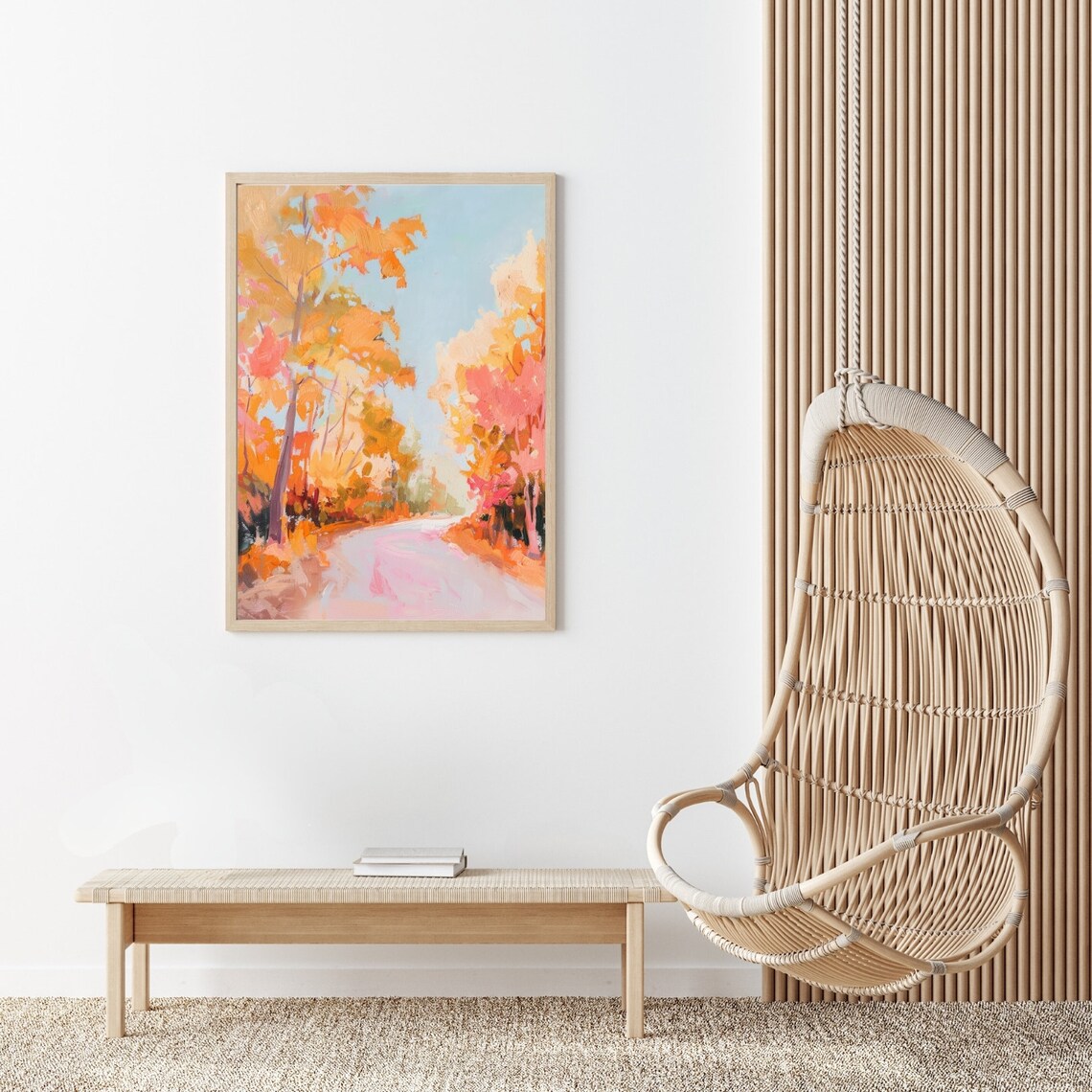 Winding Autumn Road Through Orange And Pink Fall Trees Art Poster - Image 2