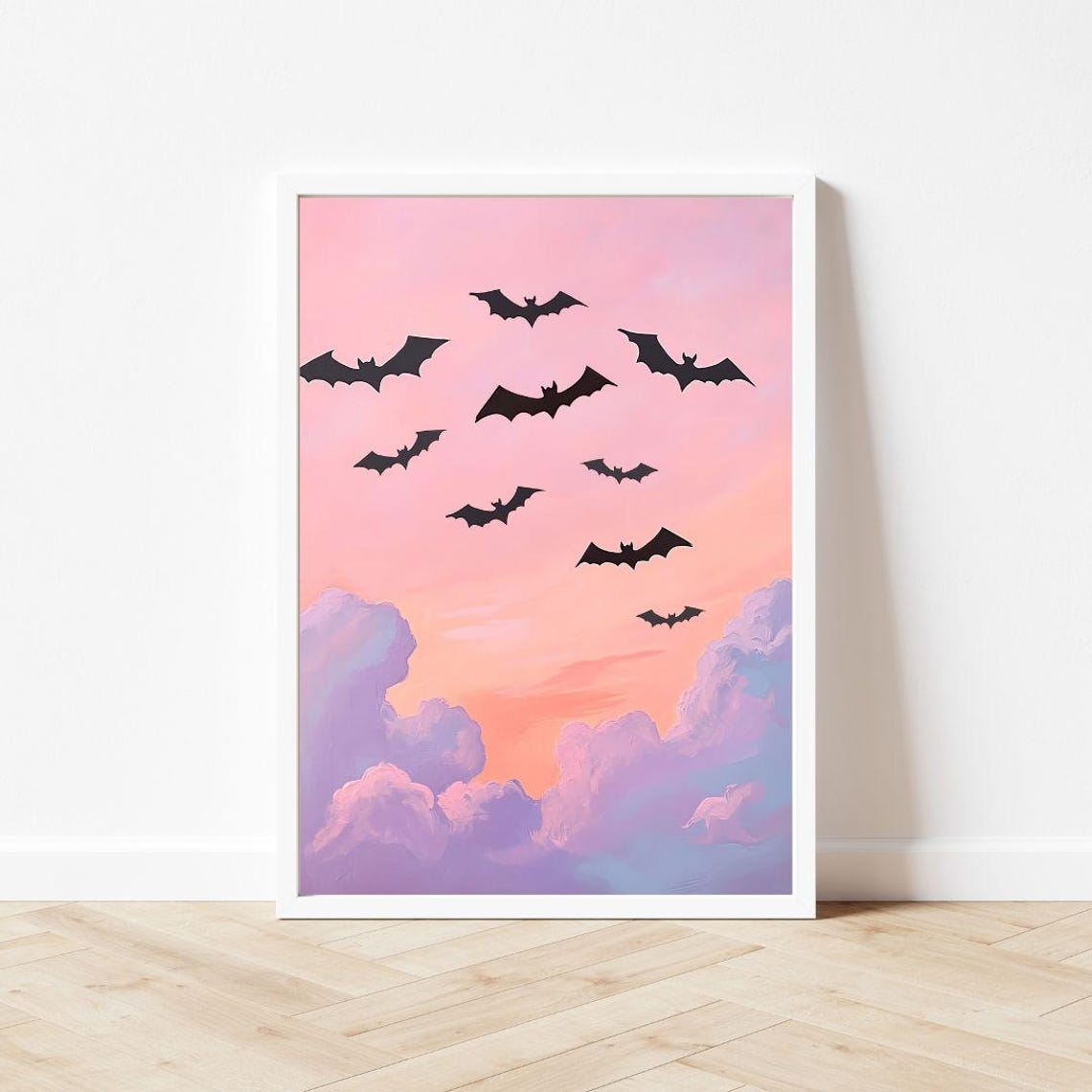 Black Bats Flying Over A Dreamy Pink Sunset Sky Halloween Poster - Image 3