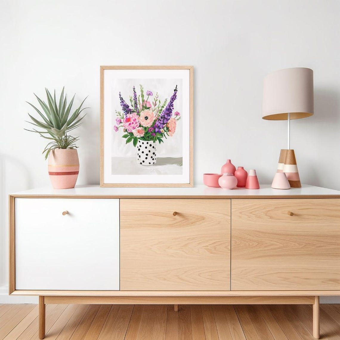 Pink Purple Flowers Polka Dot Vase Painting Whimsical Bouquet Poster - Image 2