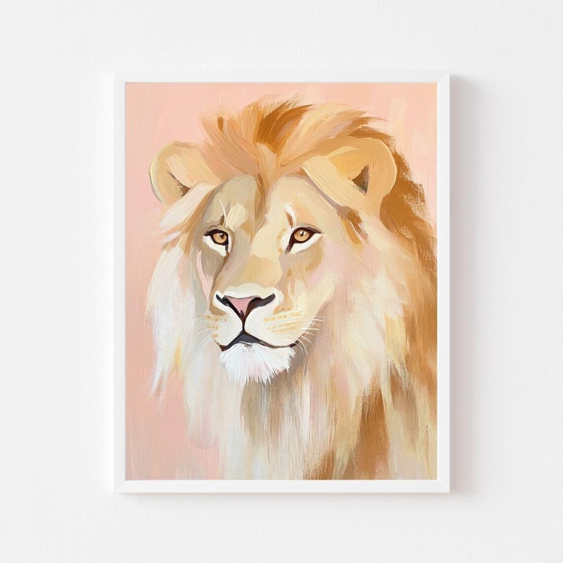 Golden Lion Portrait in Soft Pink Watercolor Wildlife Poster