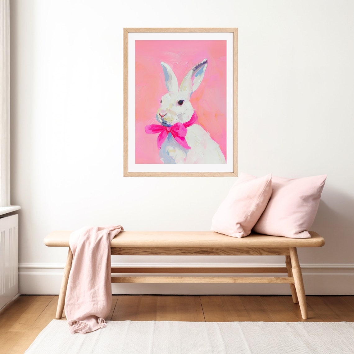 White Bunny with Hot Pink Bow Girly Easter Spring Nursery Poster - Image 3