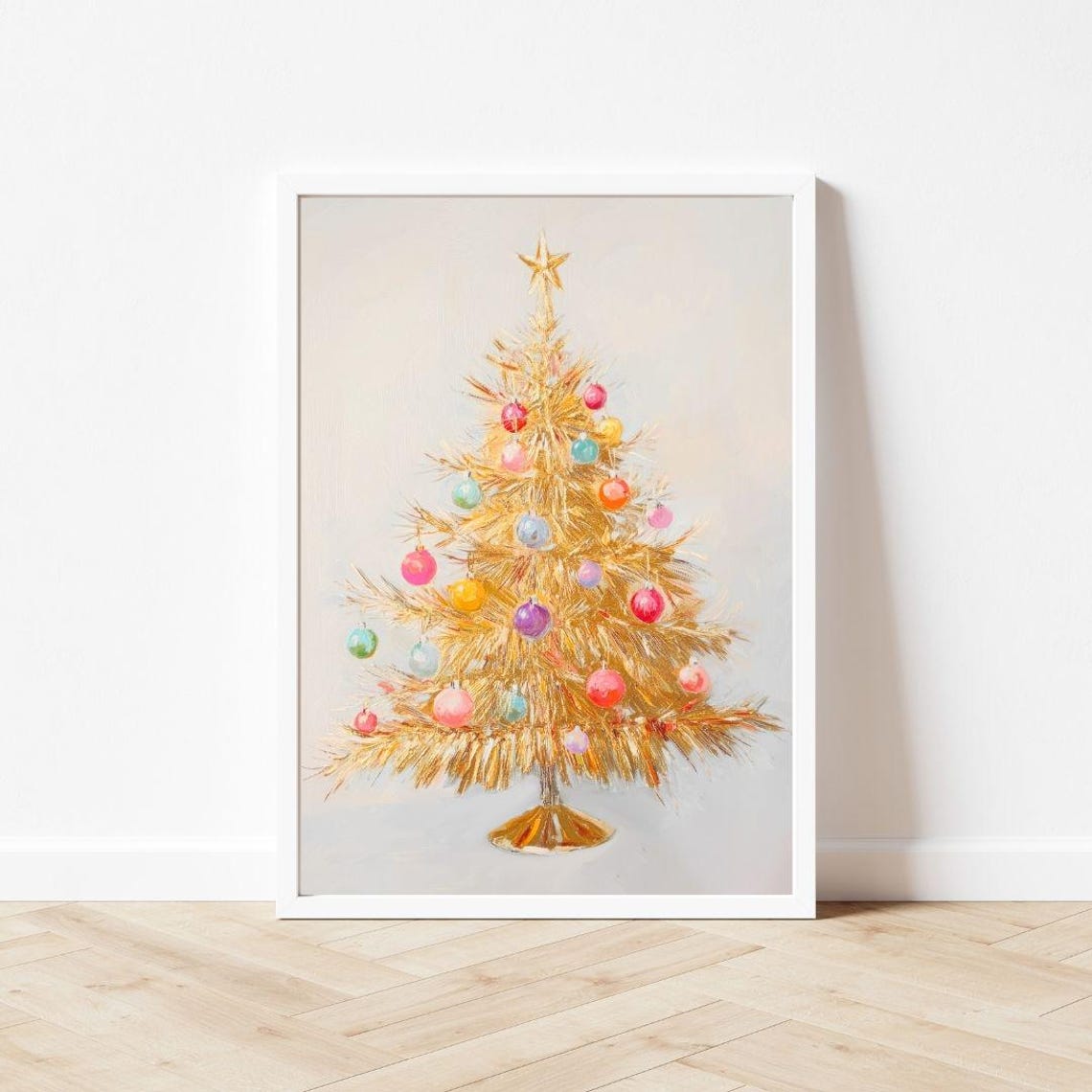 Gold Tinsel Christmas Tree with Colorful Ornaments Painting Poster - Image 3