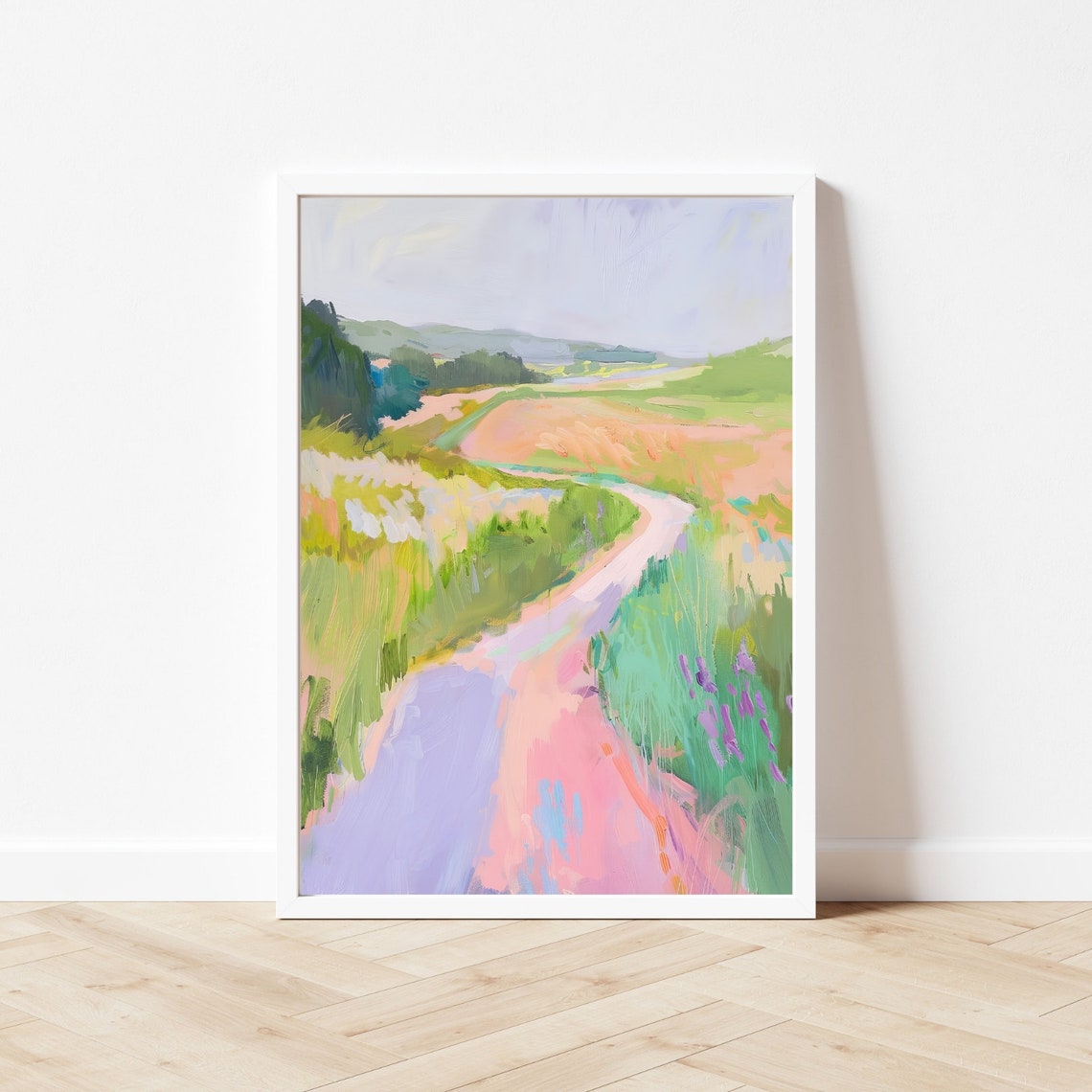 Colorful Abstract Landscape Painting Pastel Field Wall Art Print Pink Country River Impressionist Scenery - Image 2