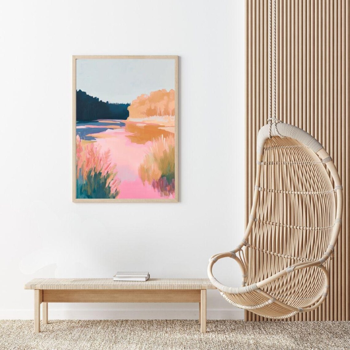 Pink Sunset Marsh Lake with Golden Reeds Autumn Landscape Poster - Image 2