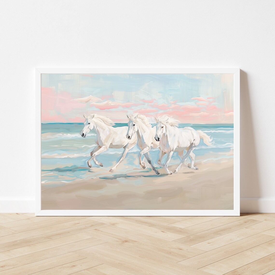 White Horses On The Beach, Coastal Animal Art Print - Image 2